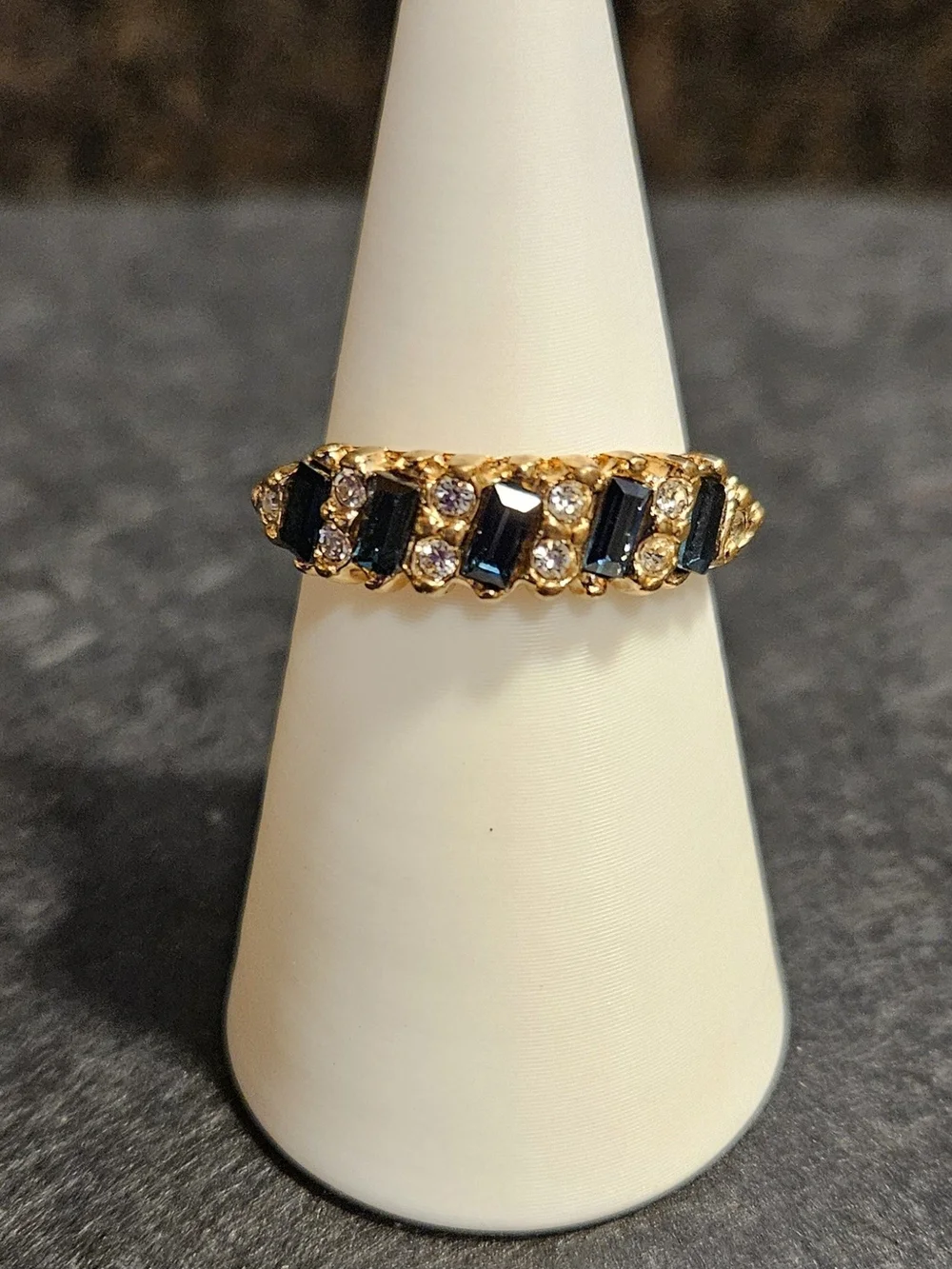 Gold Plated Blue Crystal & Clear CZ Bar Ring. Size 8 - Picture 2 of 5